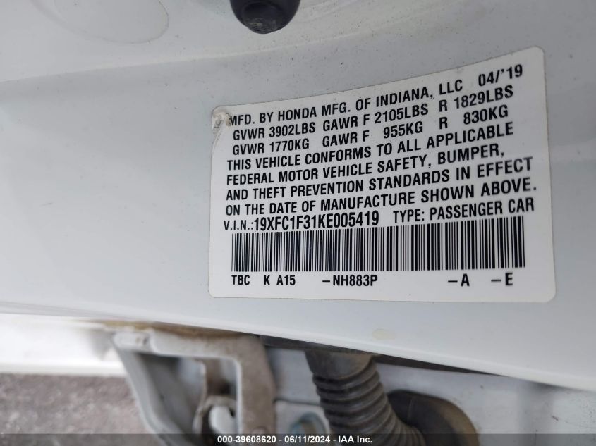 2019 Honda Civic Ex VIN: 19XFC1F31KE005419 Lot: 39608620