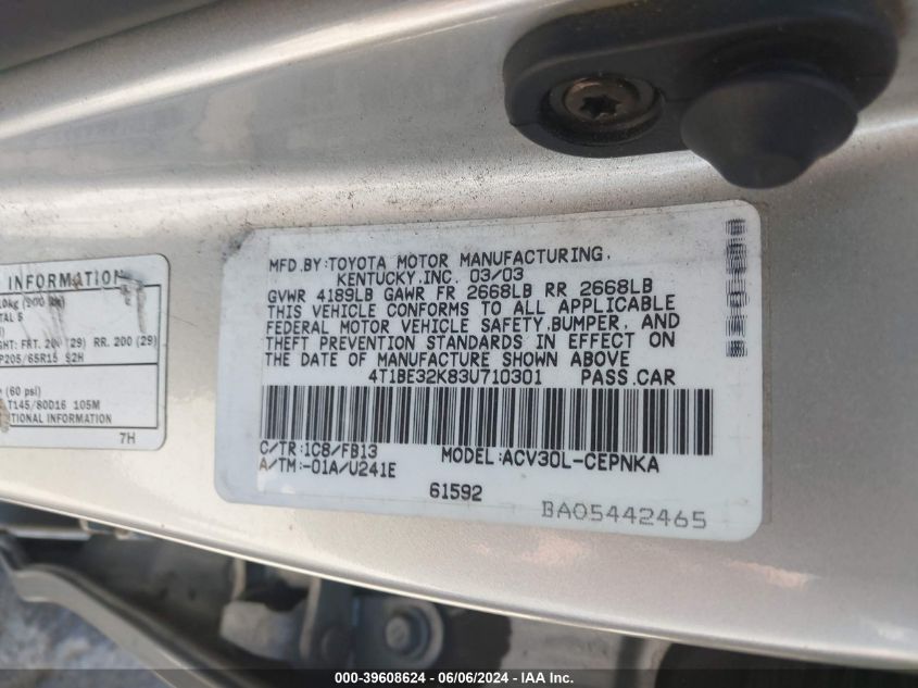 2003 Toyota Camry Le VIN: 4T1BE32K83U710301 Lot: 39608624