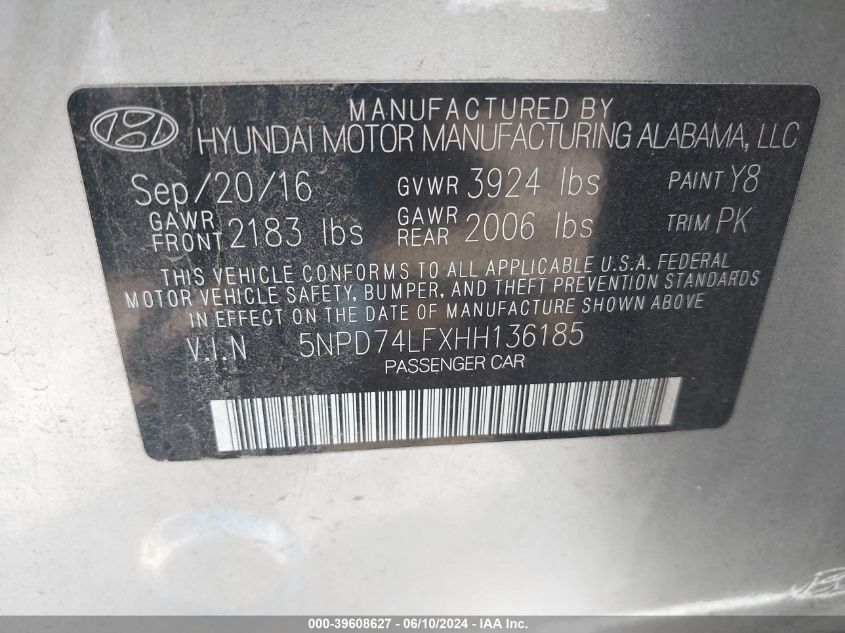 2017 HYUNDAI ELANTRA SE - 5NPD74LFXHH136185