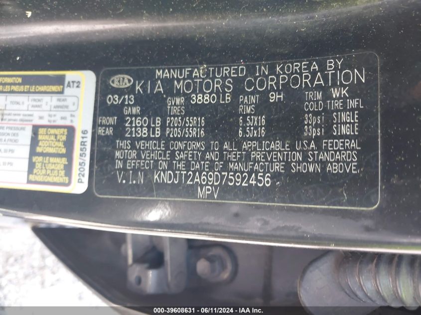 2013 Kia Soul + VIN: KNDJT2A69D7592456 Lot: 39608631