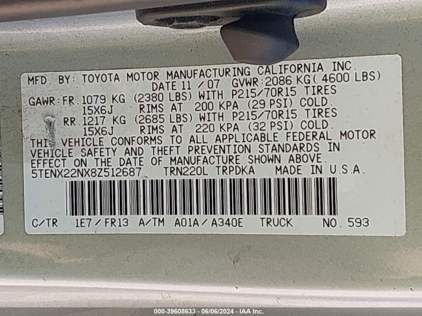 2008 Toyota Tacoma VIN: 5TENX22NX8Z512687 Lot: 39608633