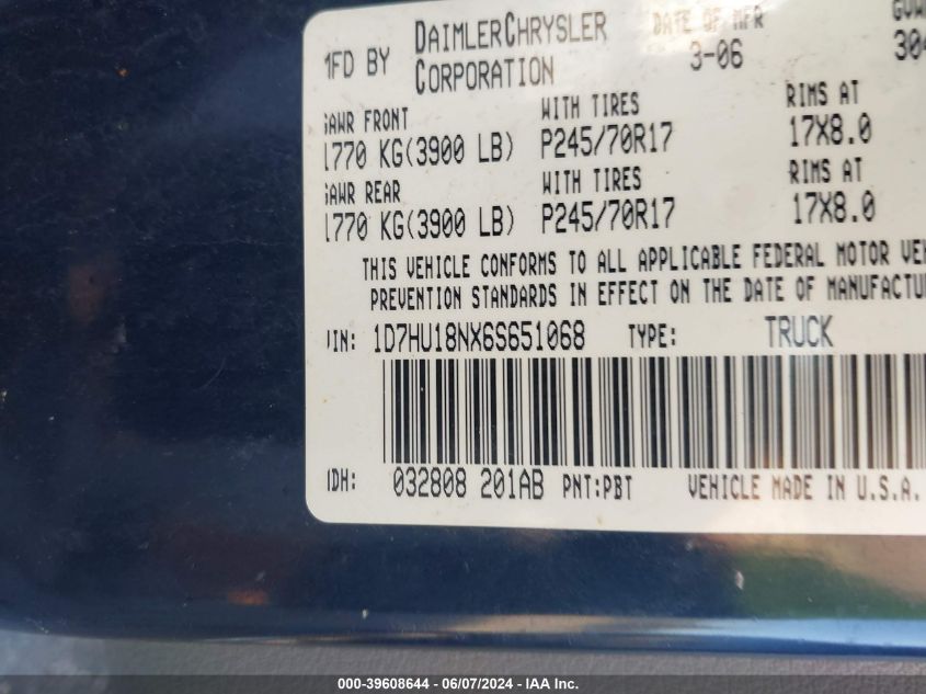 2006 Dodge Ram 1500 Slt/Trx4 Off Road/Sport VIN: 1D7HU18NX6S651068 Lot: 39608644