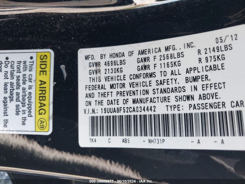 19UUA8F52CA034442 2012 Acura Tl 3.5