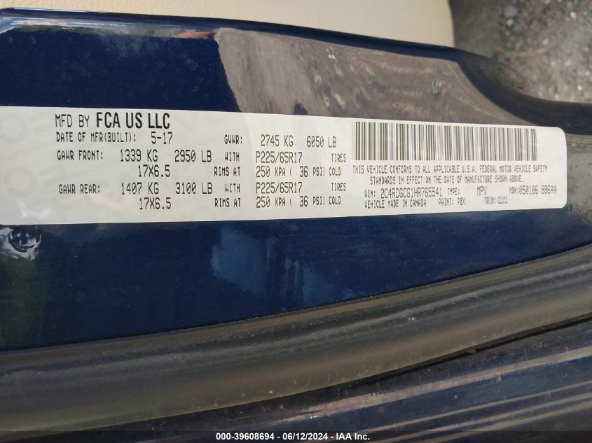 2017 Dodge Grand Caravan Sxt VIN: 2C4RDGCG1HR765541 Lot: 39608694