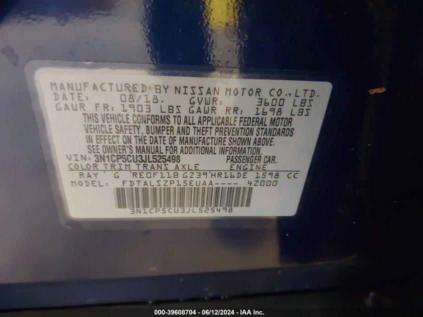 VIN 3N1CP5CU3JL525498 2018 NISSAN KICKS S/SR/SV