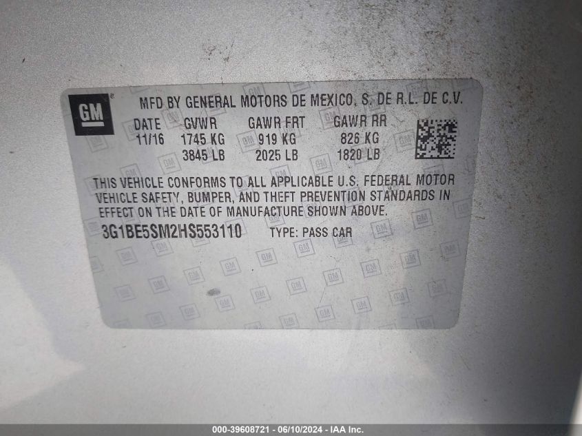 2017 Chevrolet Cruze Lt Auto VIN: 3G1BE5SM2HS553110 Lot: 39608721