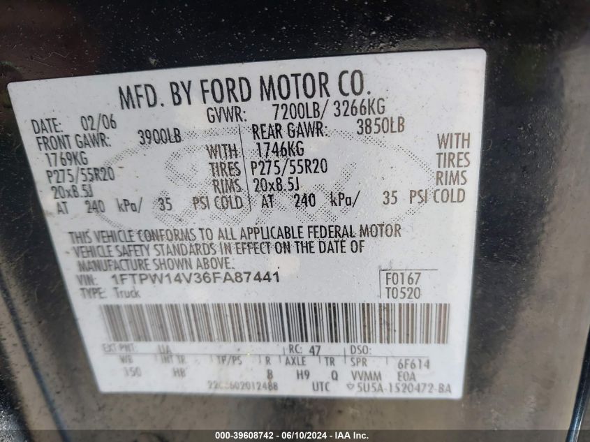 2006 Ford F-150 Fx4/Lariat/Xlt VIN: 1FTPW14V36FA87441 Lot: 39608742