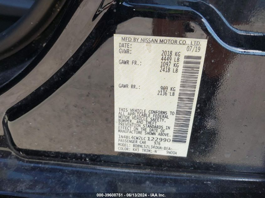 2020 Nissan Altima Sr Intelligent Awd VIN: 1N4BL4CW2LC122990 Lot: 39608751