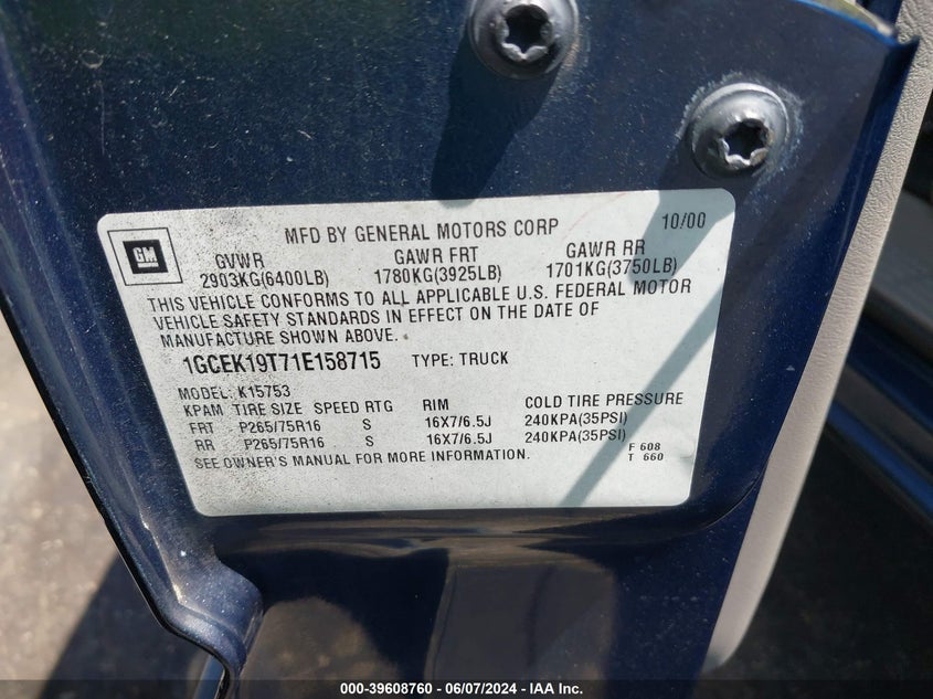 2001 Chevrolet Silverado 1500 Ls VIN: 1GCEK19T71E158715 Lot: 39608760