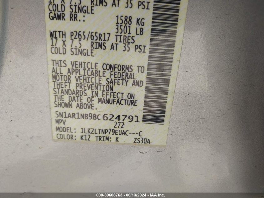 2011 Nissan Pathfinder Sv VIN: 5N1AR1NB9BC624791 Lot: 39608763