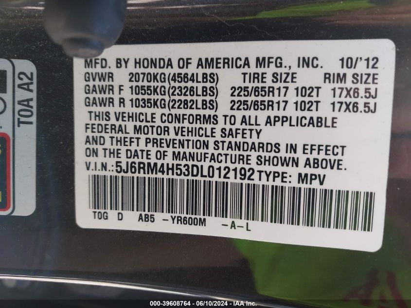 2013 Honda Cr-V Ex VIN: 5J6RM4H53DL012192 Lot: 39608764