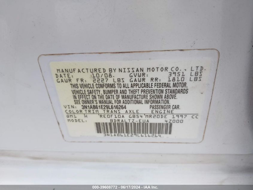 2009 Nissan Sentra 2.0S VIN: 3N1AB61E29L616264 Lot: 39608772