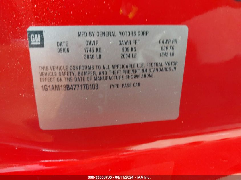 2007 Chevrolet Cobalt Ss VIN: 1G1AM18B477170103 Lot: 39608785