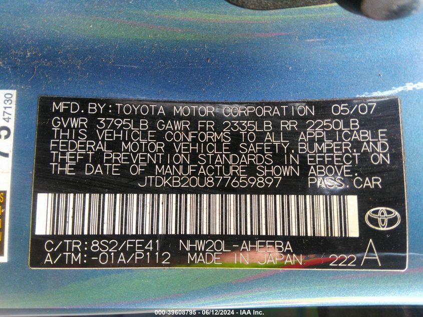 2007 Toyota Prius VIN: JTDKB20U877659897 Lot: 39608795
