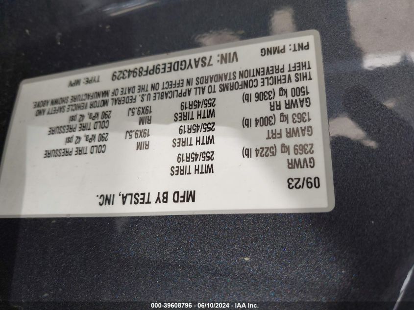 2023 Tesla Model Y Awd/Long Range Dual Motor All-Wheel Drive VIN: 7SAYGDEE9PF894329 Lot: 39608796