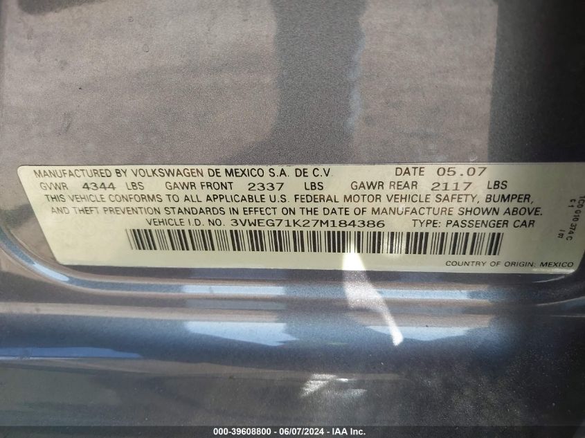 2007 Volkswagen Jetta Wolfsburg Edition VIN: 3VWEG71K27M184386 Lot: 39608800