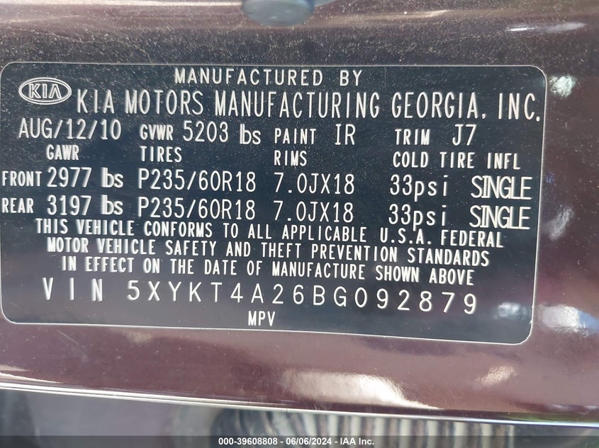 2011 Kia Sorento Lx V6 VIN: 5XYKT4A26BG092879 Lot: 39608808