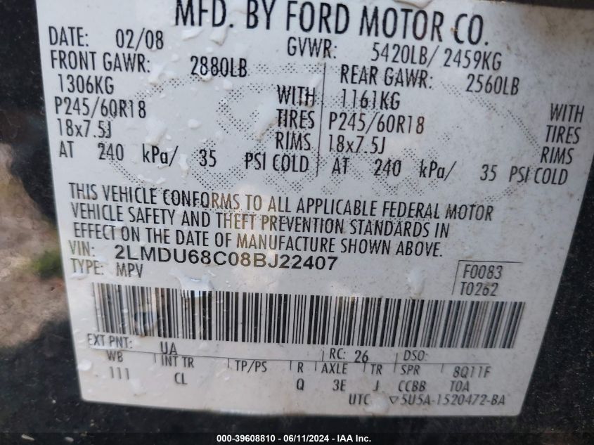 2008 Lincoln Mkx VIN: 2LMDU68C08BJ22407 Lot: 39608810