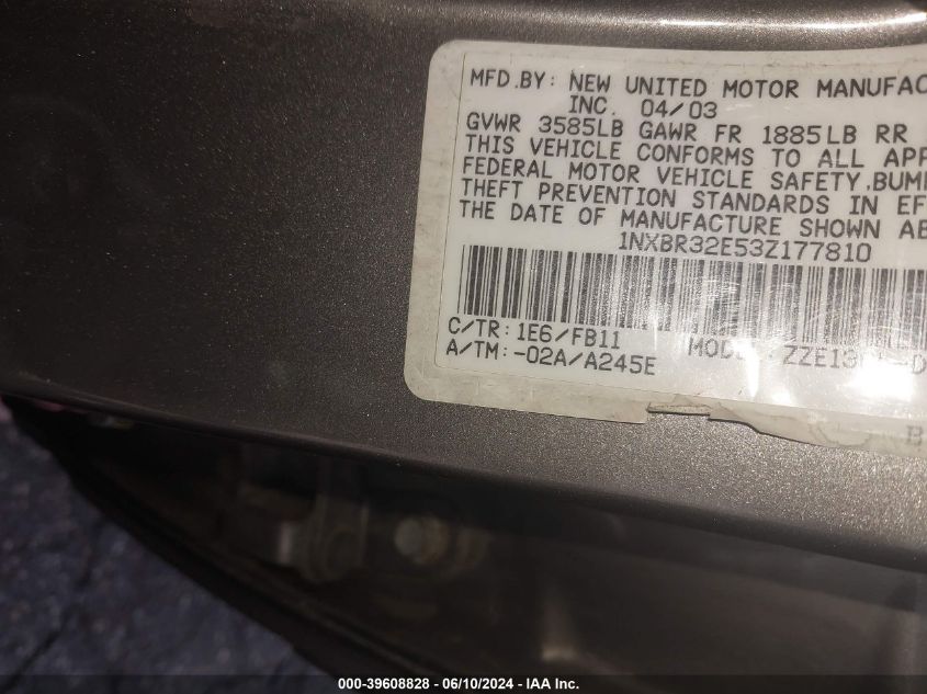 2003 Toyota Corolla Ce VIN: 1NXBR32E53Z177810 Lot: 39608828