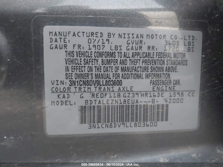 2020 Nissan Versa S Xtronic Cvt VIN: 3N1CN8DV9LL803600 Lot: 39608834