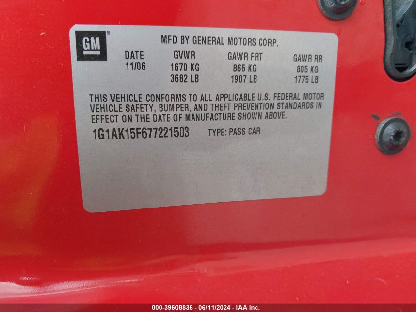 2007 Chevrolet Cobalt Ls VIN: 1G1AK15F677221503 Lot: 39608836