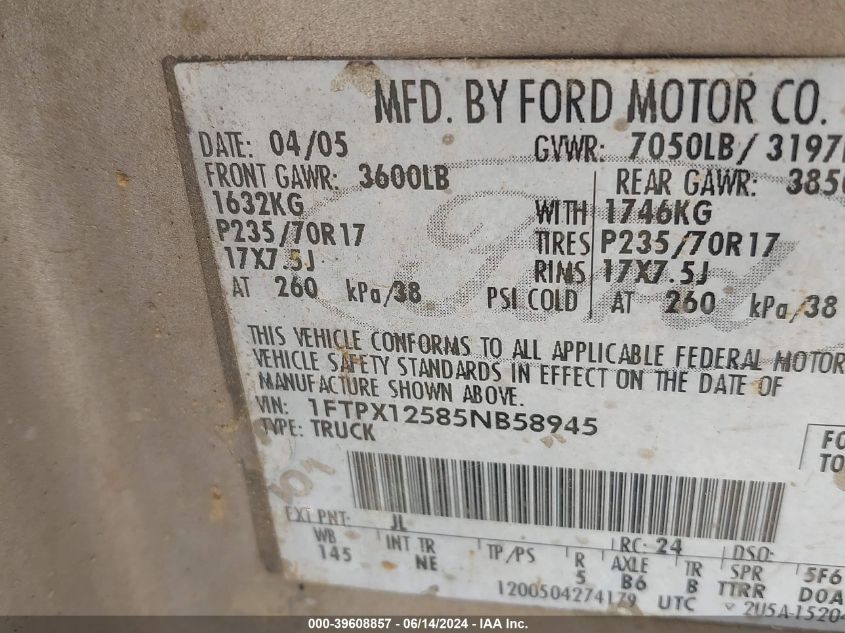 2005 Ford F-150 Lariat/Xl/Xlt VIN: 1FTPX12585NB58945 Lot: 39608857
