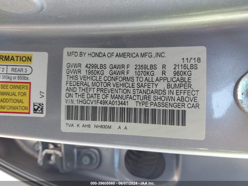 1HGCV1F49KA013441 | 2019 HONDA ACCORD