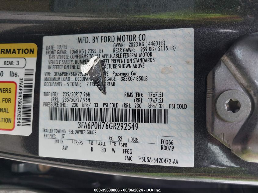 3FA6P0H76GR292549 | 2016 FORD FUSION