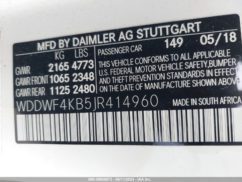 2018 Mercedes-Benz C 300 4Matic VIN: WDDWF4KB5JR414960 Lot: 39608873