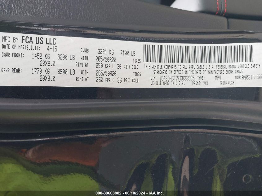 2015 Dodge Durango R/T VIN: 1C4SDHCT7FC833965 Lot: 39608882