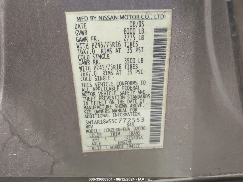 2005 Nissan Pathfinder Xe VIN: 5N1AR18W55C772553 Lot: 39608901