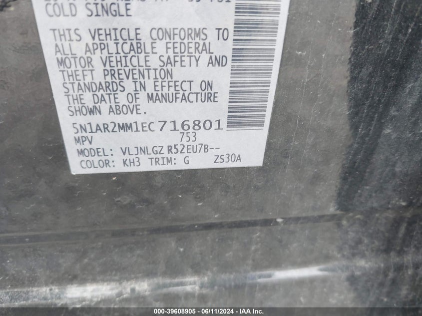 2014 Nissan Pathfinder Sl VIN: 5N1AR2MM1EC716801 Lot: 39608905