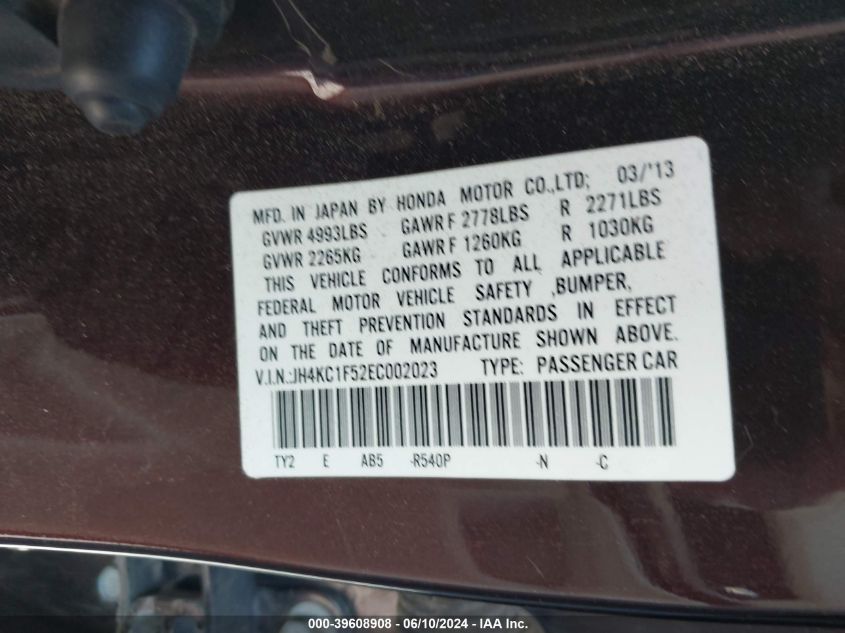 2014 Acura Rlx VIN: JH4KC1F52EC002023 Lot: 39608908