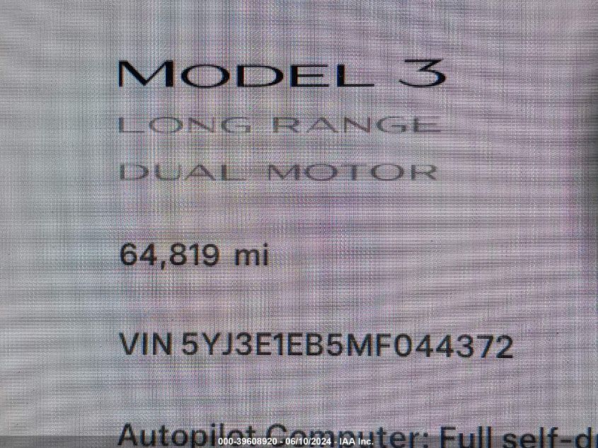 2021 Tesla Model 3 Long Range Dual Motor All-Wheel Drive VIN: 5YJ3E1EB5MF044372 Lot: 39608920