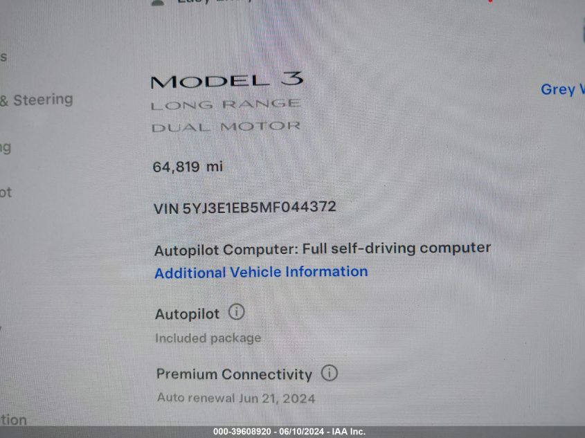 2021 Tesla Model 3 Long Range Dual Motor All-Wheel Drive VIN: 5YJ3E1EB5MF044372 Lot: 39608920