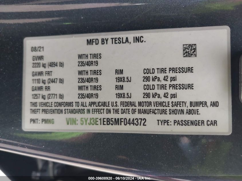 2021 TESLA MODEL 3 LONG RANGE DUAL MOTOR ALL-WHEEL DRIVE - 5YJ3E1EB5MF044372