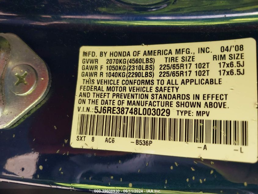 2008 Honda Cr-V Ex-L VIN: 5J6RE38748L003029 Lot: 39608930