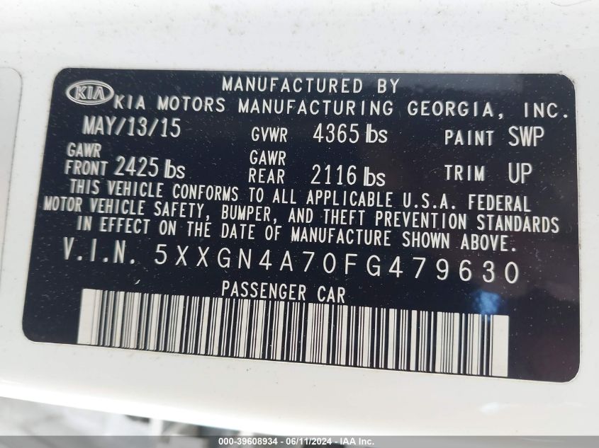2015 Kia Optima Ex VIN: 5XXGN4A70FG479630 Lot: 39608934