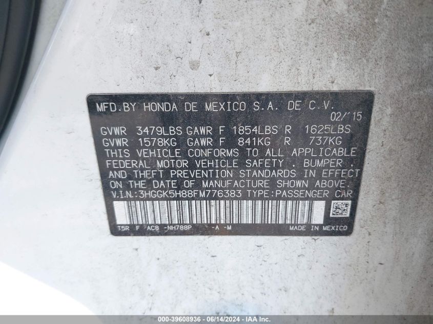 2015 Honda Fit Ex/Ex-L VIN: 3HGGK5H88FM776383 Lot: 39608936
