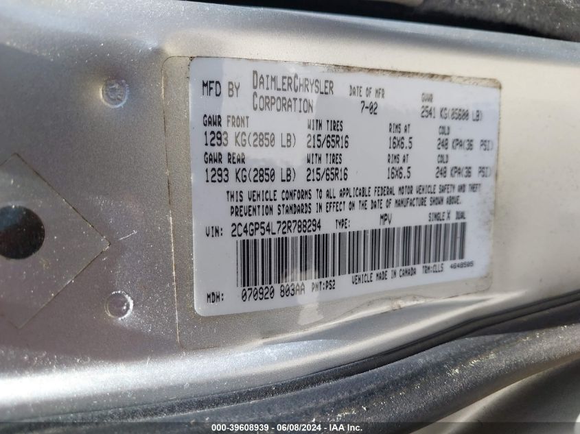 2002 Chrysler Town & Country Lxi VIN: 2C4GP54L72R788294 Lot: 39608939