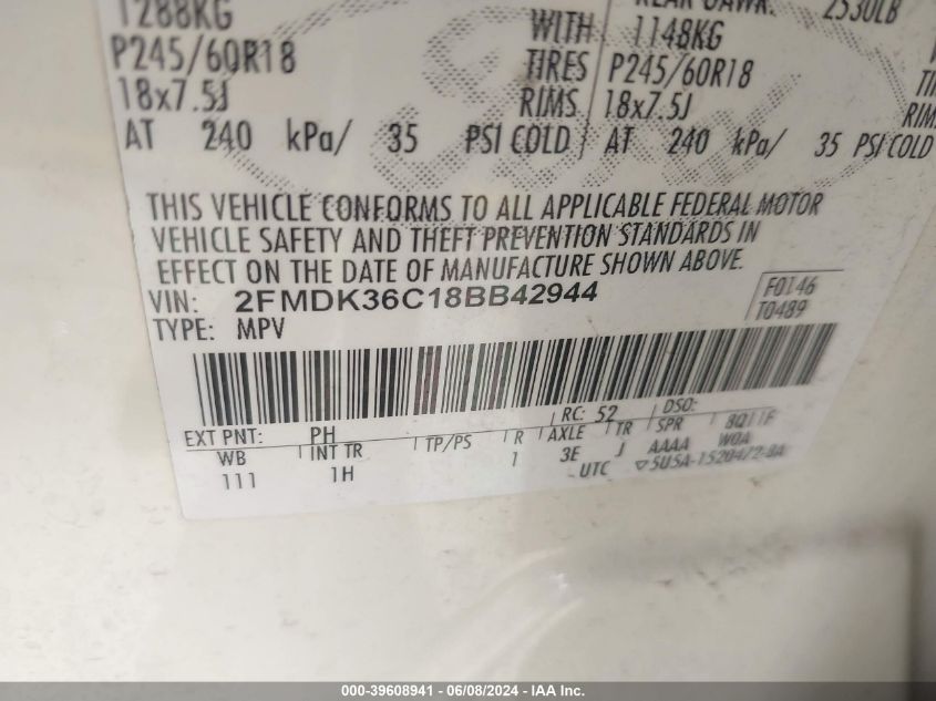 2008 Ford Edge Se VIN: 2FMDK36C18BB42944 Lot: 39608941