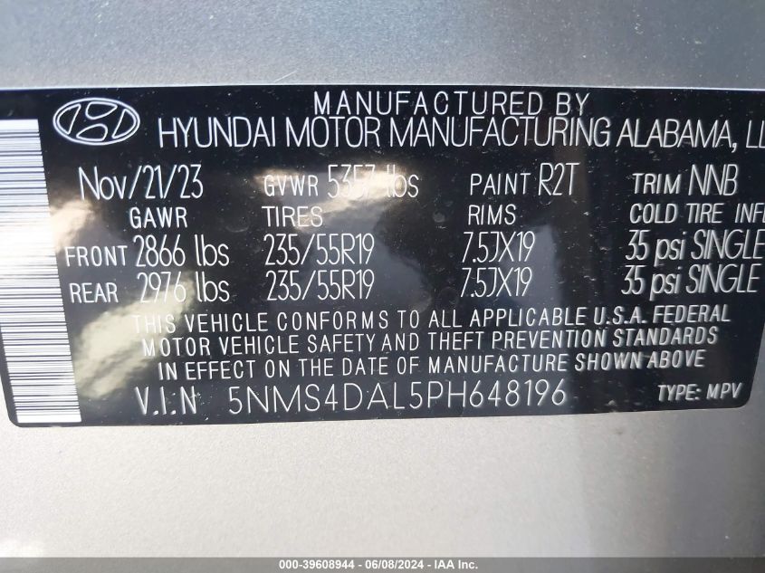 2023 Hyundai Santa Fe Limited VIN: 5NMS4DAL5PH648196 Lot: 39608944