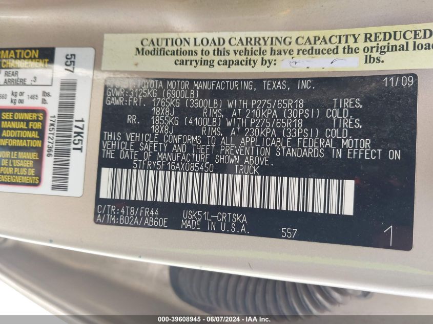 2010 Toyota Tundra Double Cab Sr5 VIN: 5TFRY5F16AX085450 Lot: 39608945