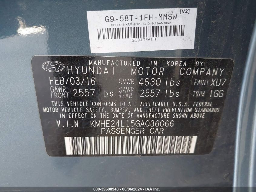 2016 Hyundai Sonata Hybrid Se VIN: KMHE24L15GA036066 Lot: 39608948