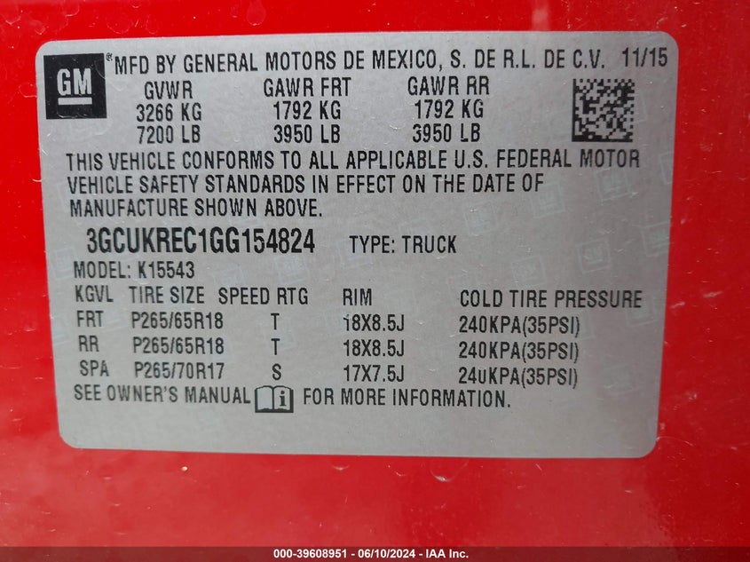 2016 Chevrolet Silverado 1500 2Lt VIN: 3GCUKREC1GG154824 Lot: 39608951