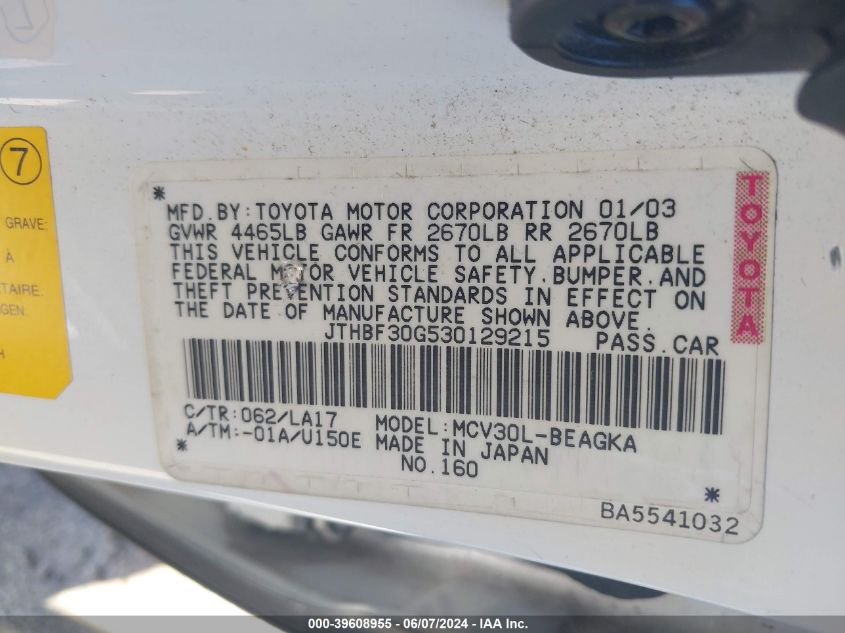 2003 Lexus Es 300 VIN: JTHBF30G530129215 Lot: 39608955