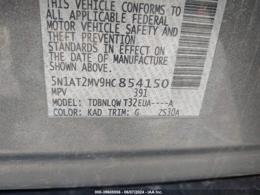 2017 Nissan Rogue Sv VIN: 5N1AT2MV9HC854150 Lot: 39608956