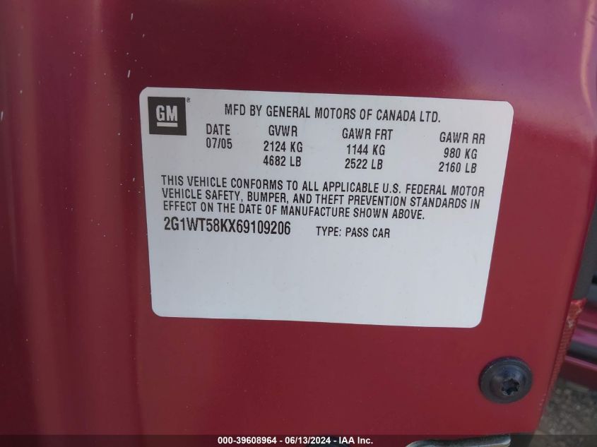 2006 Chevrolet Impala Lt VIN: 2G1WT58KX69109206 Lot: 39608964