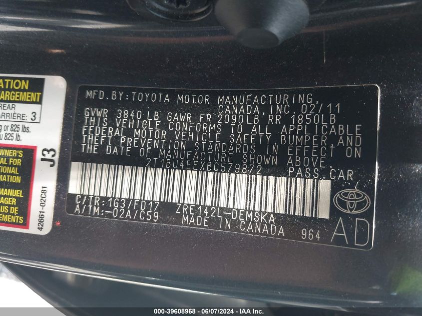 2011 Toyota Corolla S VIN: 2T1BU4EEXBC579872 Lot: 39608968