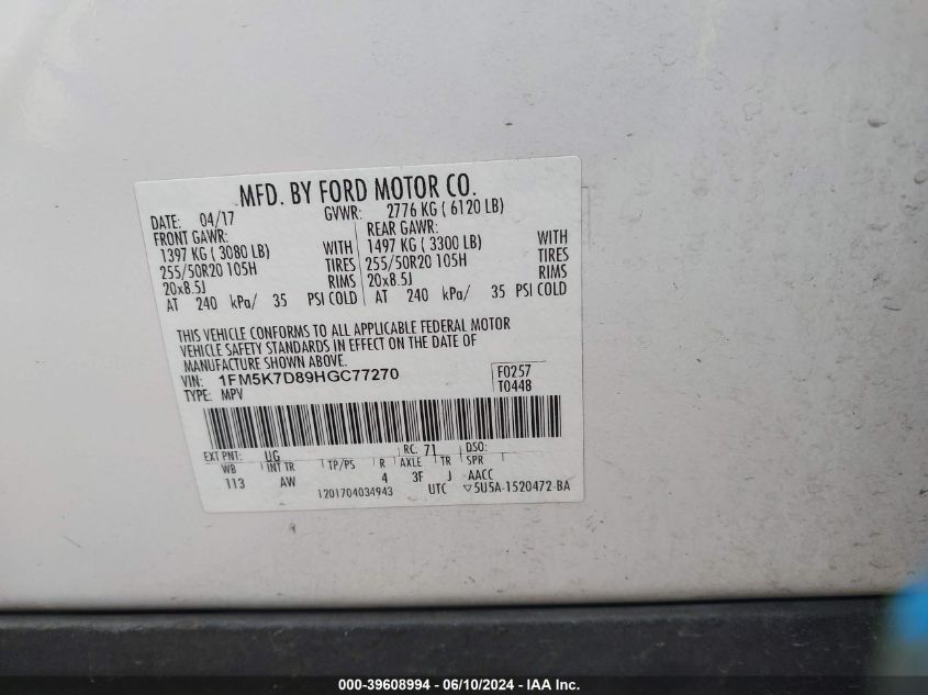 2017 Ford Explorer Xlt VIN: 1FM5K7D89HGC77270 Lot: 39608994